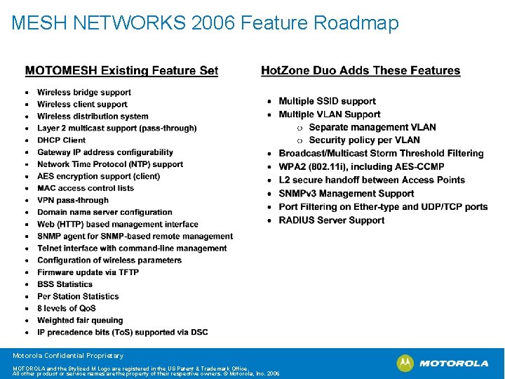 MESH NETWORKS 2006 Feature Roadmap Motorola Confidential Proprietary MOTOROLA and the Stylized M Logo