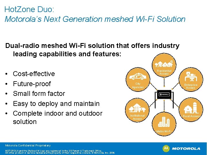 Hot. Zone Duo: Motorola’s Next Generation meshed Wi-Fi Solution Dual-radio meshed Wi-Fi solution that