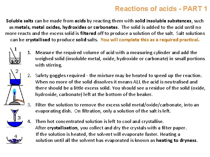 Reactions of acids - PART 1 Soluble salts can be made from acids by