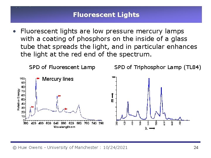 Fluorescent Lights • Fluorescent lights are low pressure mercury lamps with a coating of