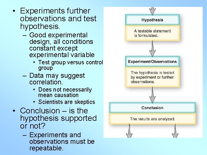  • Experiments further observations and test hypothesis. – Good experimental design, all conditions