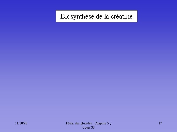 Biosynthèse de la créatine 11/10/98 Méta. des glucides : Chapitre 5 ; Cours 30