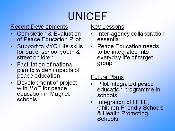 UNICEF Recent Developments • Completion & Evaluation of Peace Education Pilot • Support to