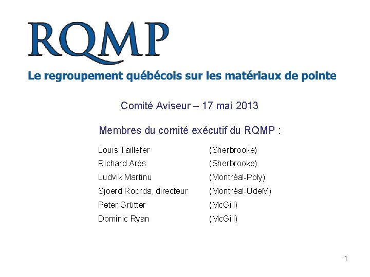 Comité Aviseur – 17 mai 2013 Membres du comité exécutif du RQMP : Louis