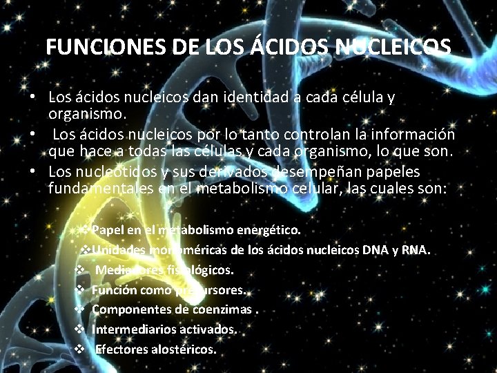FUNCIONES DE LOS ÁCIDOS NUCLEICOS • Los ácidos nucleicos dan identidad a cada célula