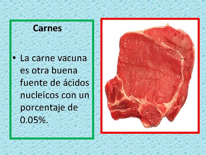 Carnes • La carne vacuna es otra buena fuente de ácidos nucleicos con un