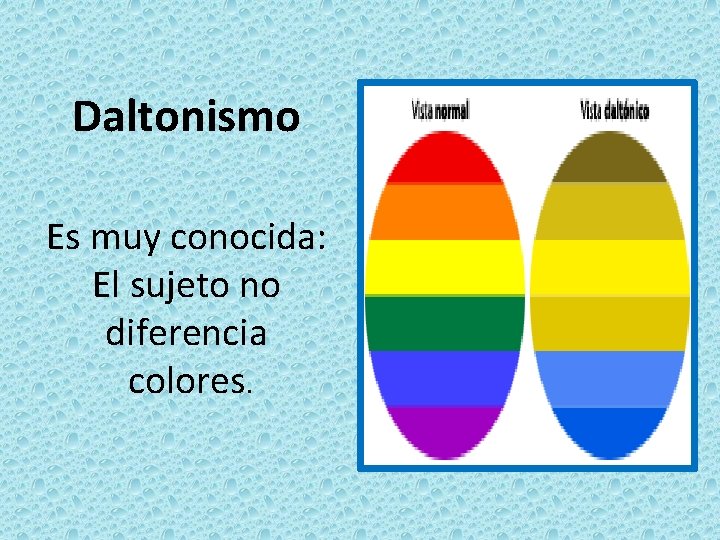 Daltonismo Es muy conocida: El sujeto no diferencia colores. 