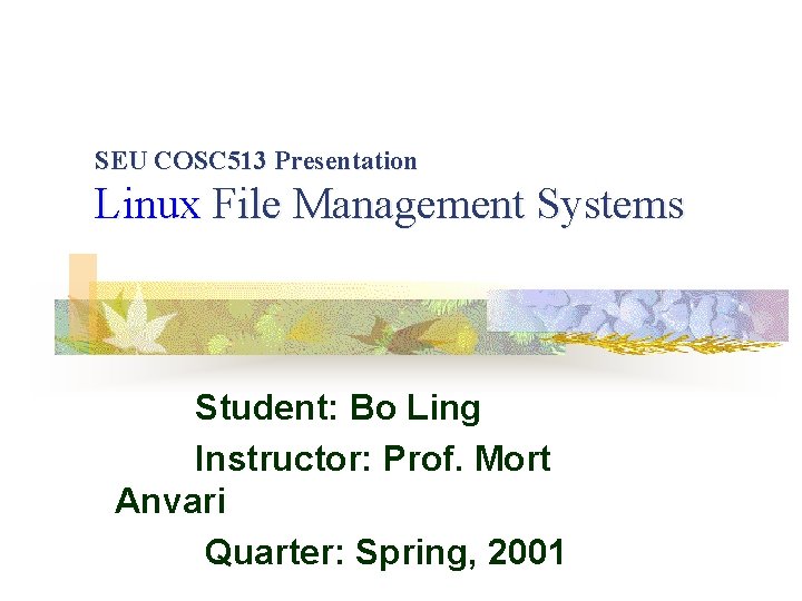 SEU COSC 513 Presentation Linux File Management Systems Student: Bo Ling Instructor: Prof. Mort