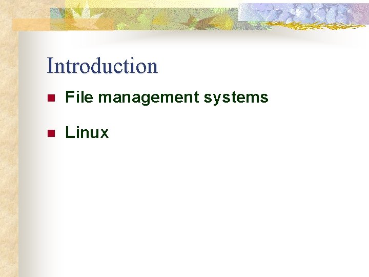 Introduction n File management systems n Linux 
