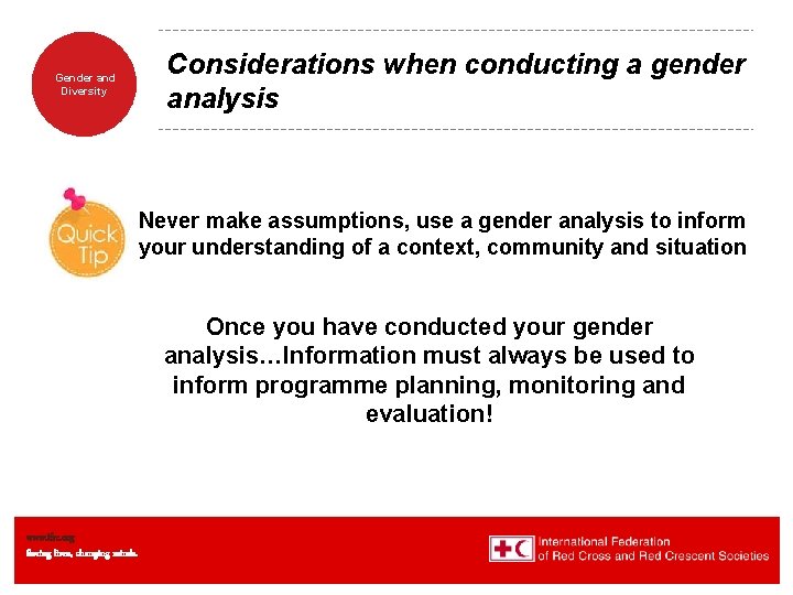 Gender and Diversity Considerations when conducting a gender analysis Never make assumptions, use a