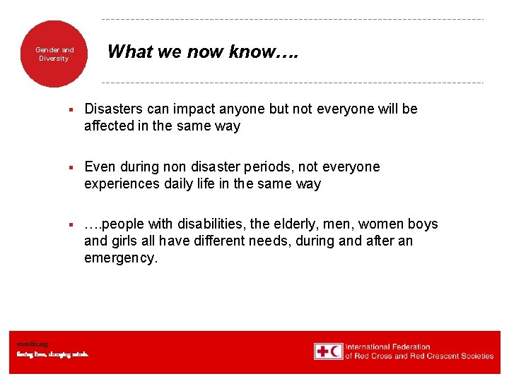 What we now know…. Gender and Diversity § Disasters can impact anyone but not