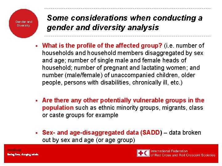 Some considerations when conducting a gender and diversity analysis Gender and Diversity § What