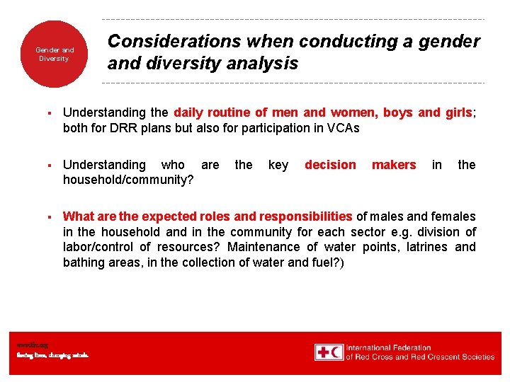 Gender and Diversity Considerations when conducting a gender and diversity analysis § Understanding the