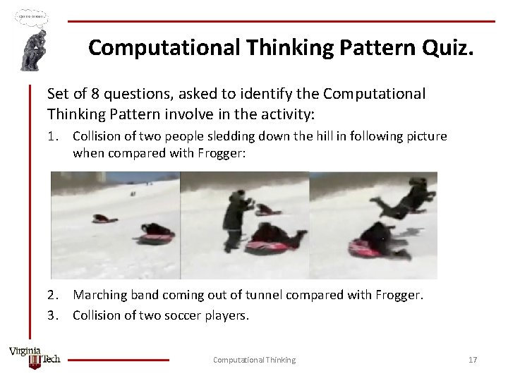 Computational Thinking Pattern Quiz. Set of 8 questions, asked to identify the Computational Thinking