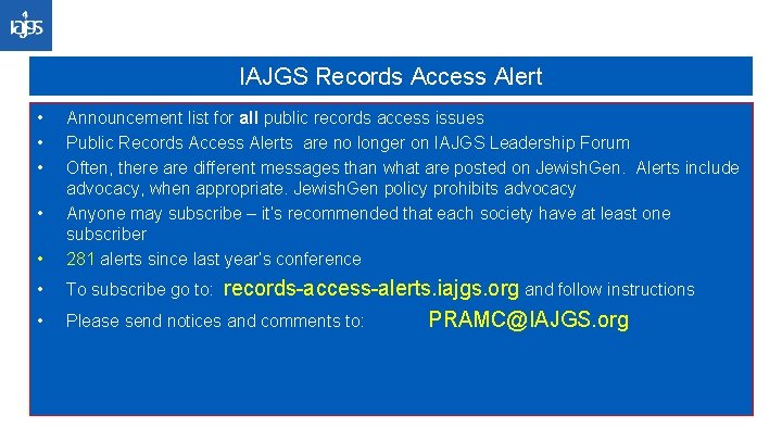 IAJGS Records Access Alert • • Announcement list for all public records access issues