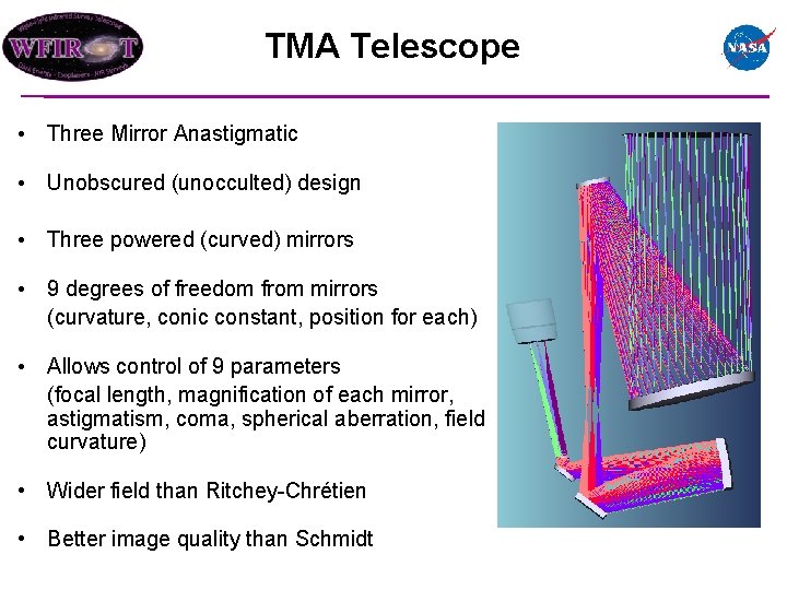 TMA Telescope • Three Mirror Anastigmatic • Unobscured (unocculted) design • Three powered (curved)