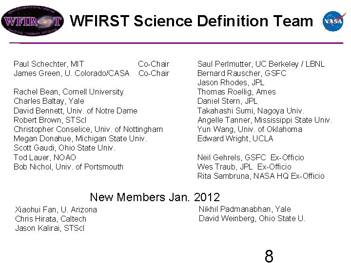 WFIRST Science Definition Team Paul Schechter, MIT James Green, U. Colorado/CASA Co-Chair Rachel Bean,