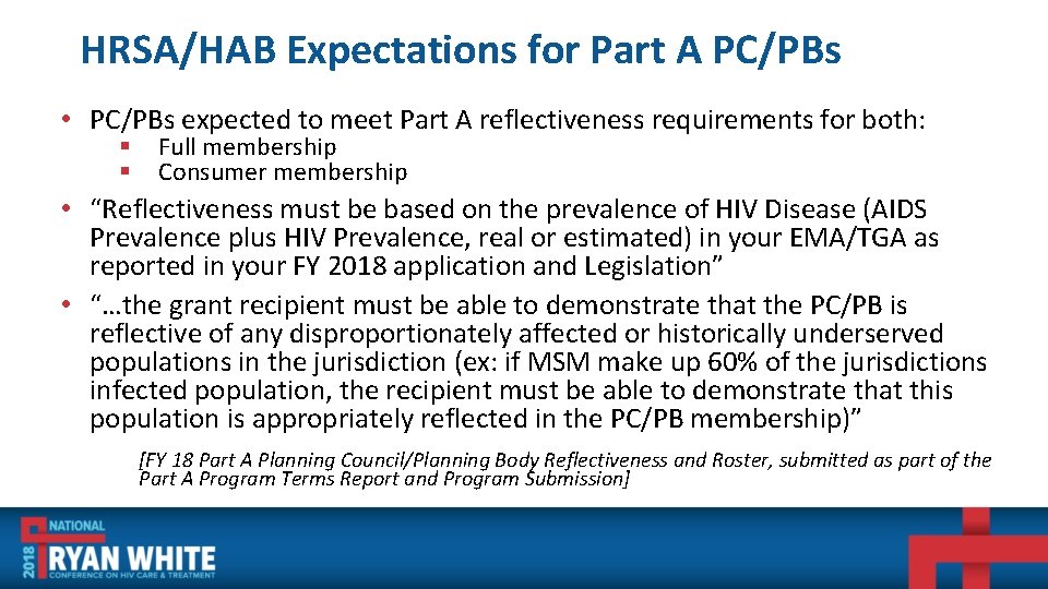 HRSA/HAB Expectations for Part A PC/PBs • PC/PBs expected to meet Part A reflectiveness