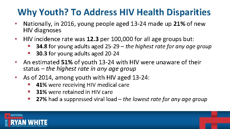 Why Youth? To Address HIV Health Disparities • Nationally, in 2016, young people aged