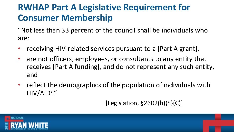 RWHAP Part A Legislative Requirement for Consumer Membership “Not less than 33 percent of