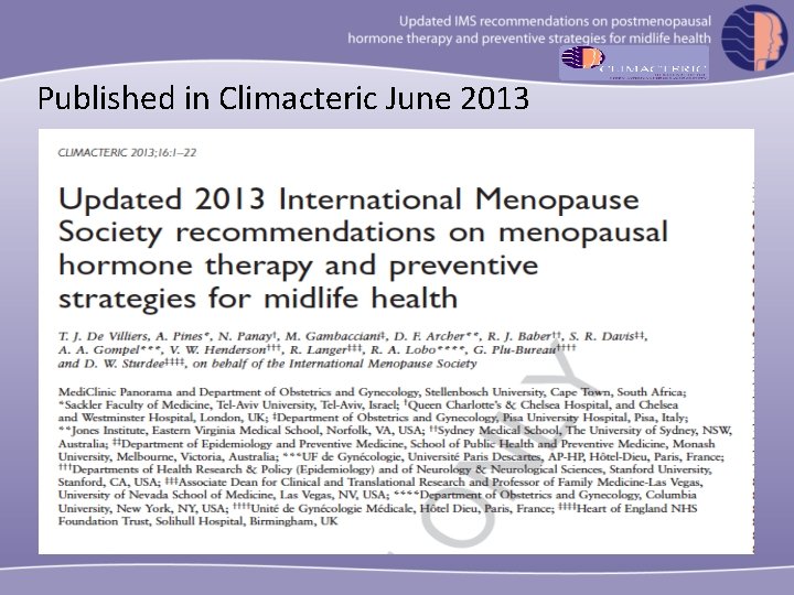 Published in Climacteric June 2013 