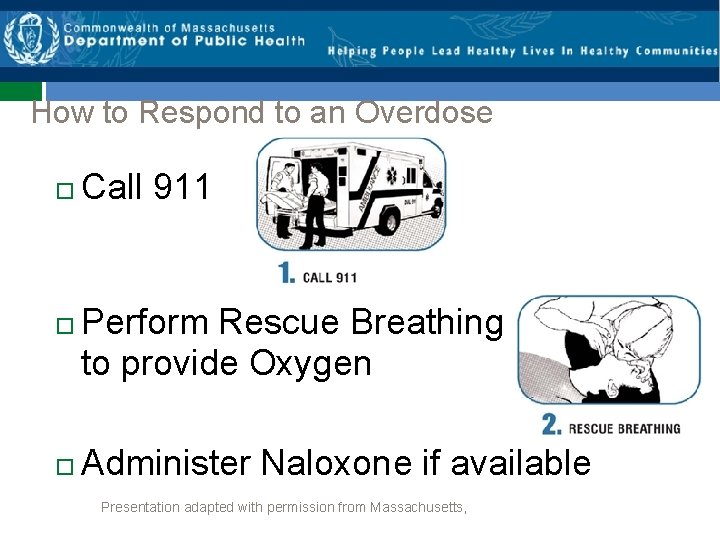 How to Respond to an Overdose Call 911 Perform Rescue Breathing to provide Oxygen