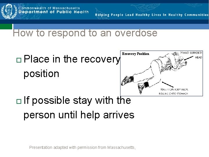 How to respond to an overdose Place in the recovery position Recovery Position If