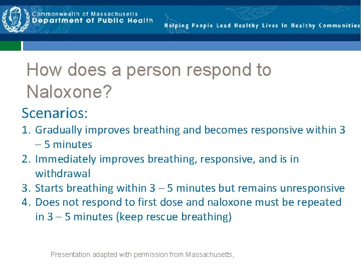 How does a person respond to Naloxone? Scenarios: 1. Gradually improves breathing and becomes