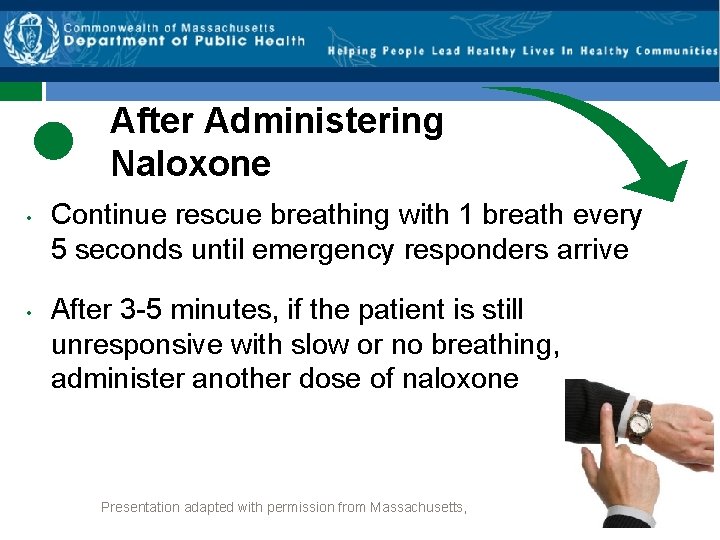 After Administering Naloxone • • Continue rescue breathing with 1 breath every 5 seconds