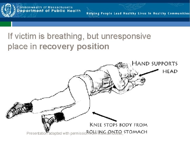 If victim is breathing, but unresponsive place in recovery position Presentation adapted with permission