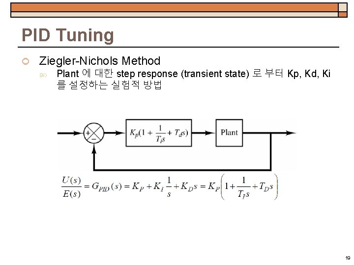 PID Tuning Ziegler-Nichols Method Plant 에 대한 step response (transient state) 로 부터 Kp,