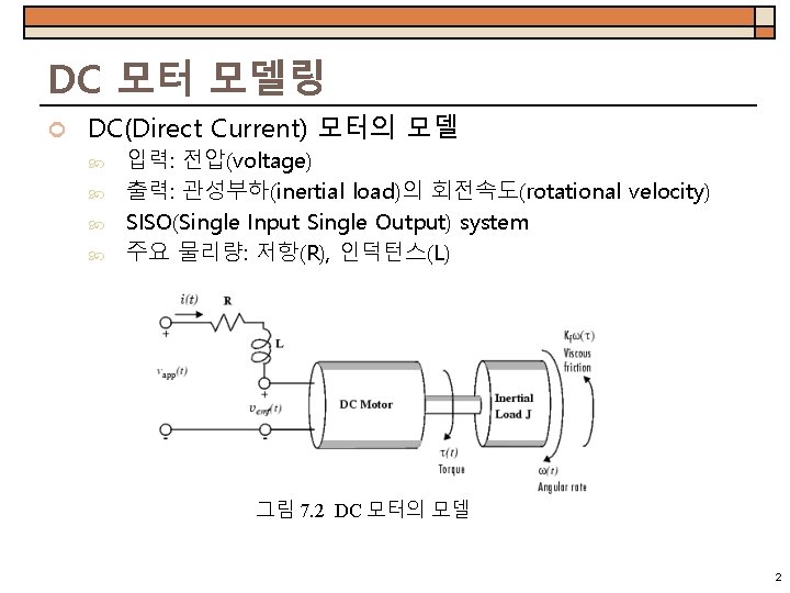 DC 모터 모델링 DC(Direct Current) 모터의 모델 입력: 전압(voltage) 출력: 관성부하(inertial load)의 회전속도(rotational velocity)