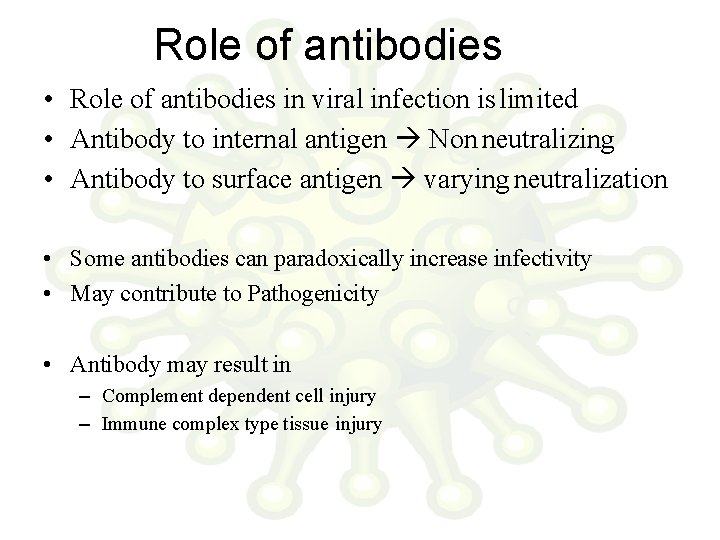 Role of antibodies • Role of antibodies in viral infection is limited • Antibody