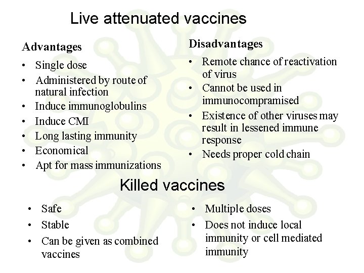Live attenuated vaccines Advantages Disadvantages • Single dose • Administered by route of natural