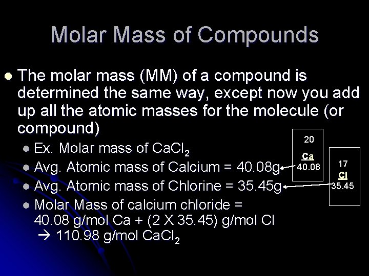Molar Mass of Compounds l The molar mass (MM) of a compound is determined