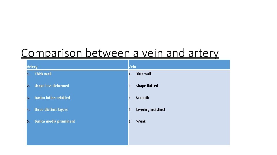 Comparison between a vein and artery Artery Vein 1. Thick wall 1. Thin wall