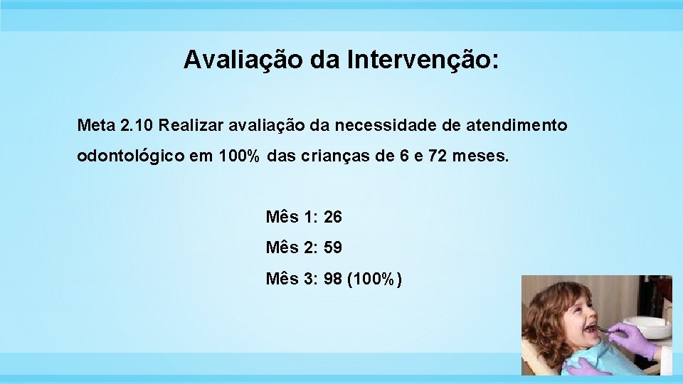 Avaliação da Intervenção: Meta 2. 10 Realizar avaliação da necessidade de atendimento odontológico em