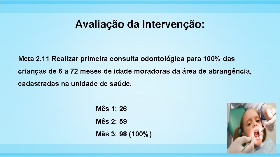 Avaliação da Intervenção: Meta 2. 11 Realizar primeira consulta odontológica para 100% das crianças