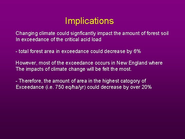 Implications Changing climate could signficantly impact the amount of forest soil In exceedance of