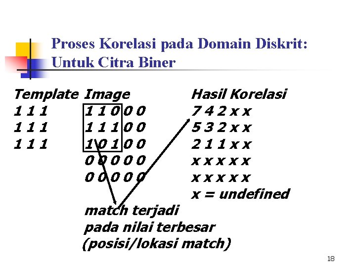 Proses Korelasi pada Domain Diskrit: Untuk Citra Biner Template 111 111 Image 11000 11100