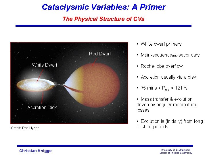 Cataclysmic Variables: A Primer The Physical Structure of CVs • White dwarf primary Red