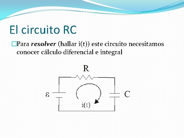 El circuito RC �Para resolver (hallar i(t)) este circuito necesitamos conocer cálculo diferencial e