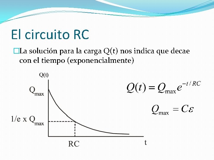El circuito RC �La solución para la carga Q(t) nos indica que decae con