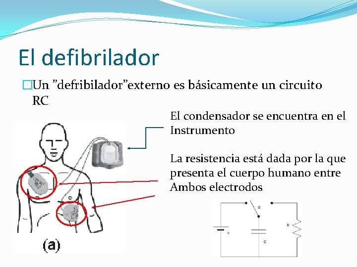El defibrilador �Un ”defribilador”externo es básicamente un circuito RC El condensador se encuentra en
