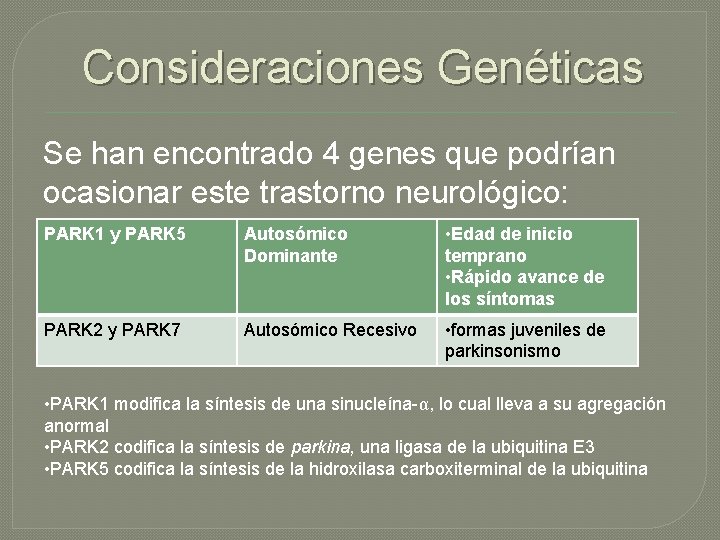 Consideraciones Genéticas Se han encontrado 4 genes que podrían ocasionar este trastorno neurológico: PARK