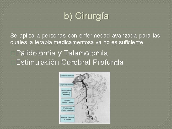 b) Cirurgía Se aplica a personas con enfermedad avanzada para las cuales la terapia