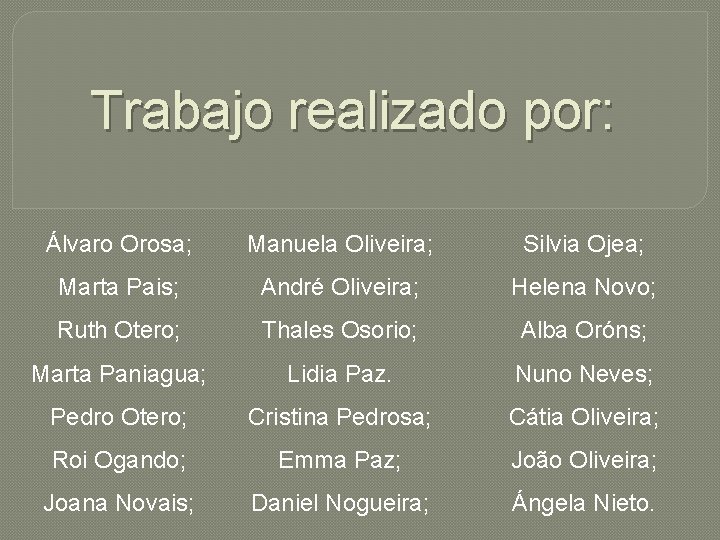 Trabajo realizado por: Álvaro Orosa; Manuela Oliveira; Silvia Ojea; Marta Pais; André Oliveira; Helena