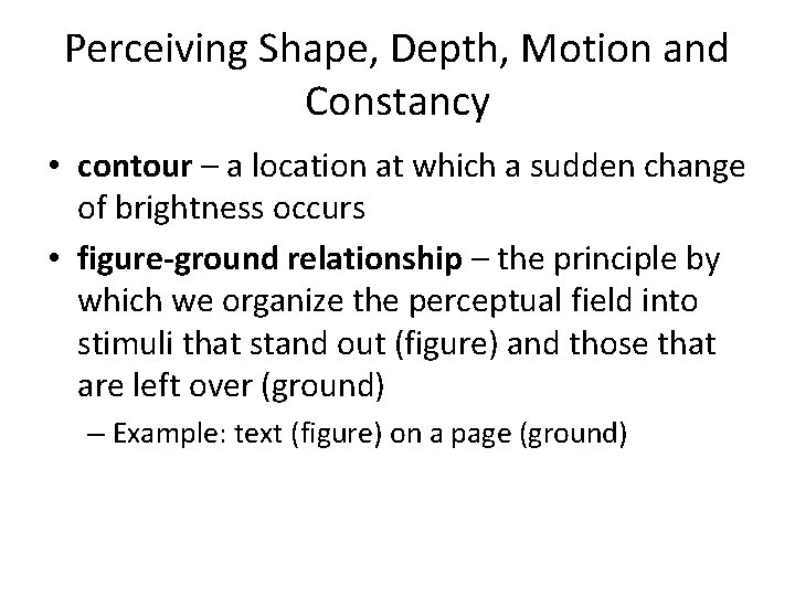 Perceiving Shape, Depth, Motion and Constancy • contour – a location at which a