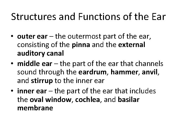 Structures and Functions of the Ear • outer ear – the outermost part of