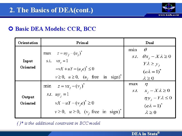 2. The Basics of DEA(cont. ) ¢ Basic DEA Models: CCR, BCC Orientation Primal